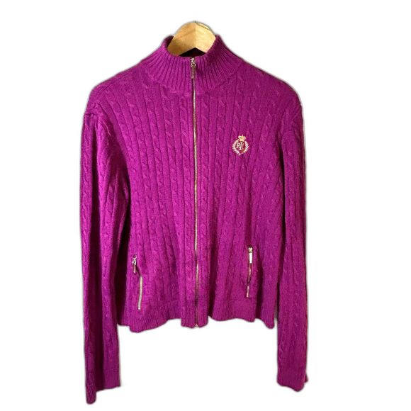 Lauren Ralph Lauren Mulberry Purple Full Zip Cotton Cable Cardigan Sweater Sz XL - Picture 2 of 13